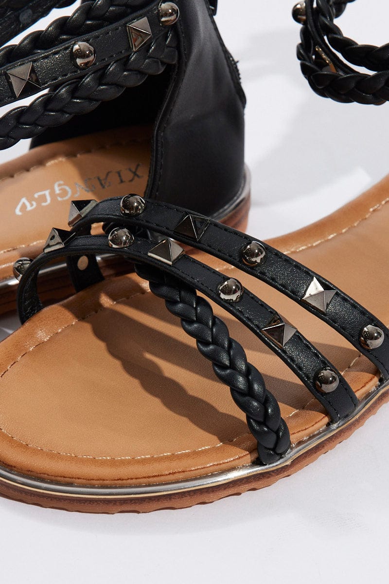 Black Flat Studded Sandals for Ally Fashion