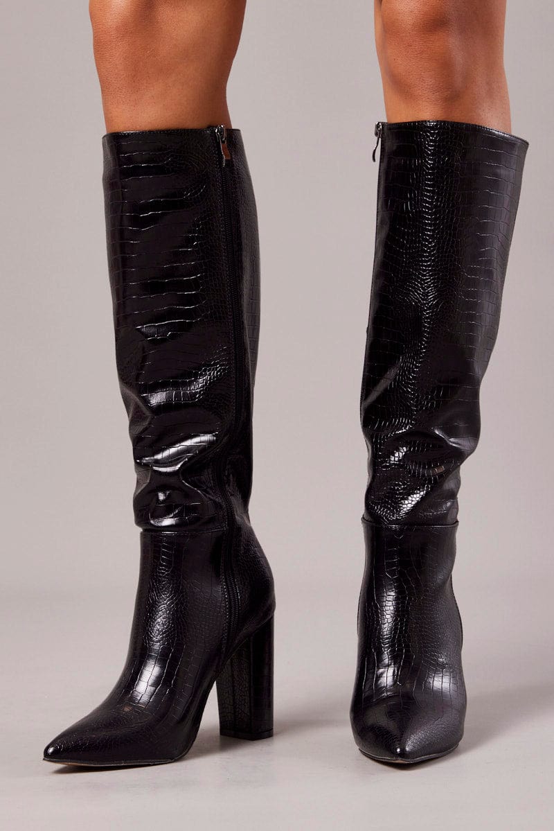 Black Heeled Knee High Boots in Croc for Ally Fashion