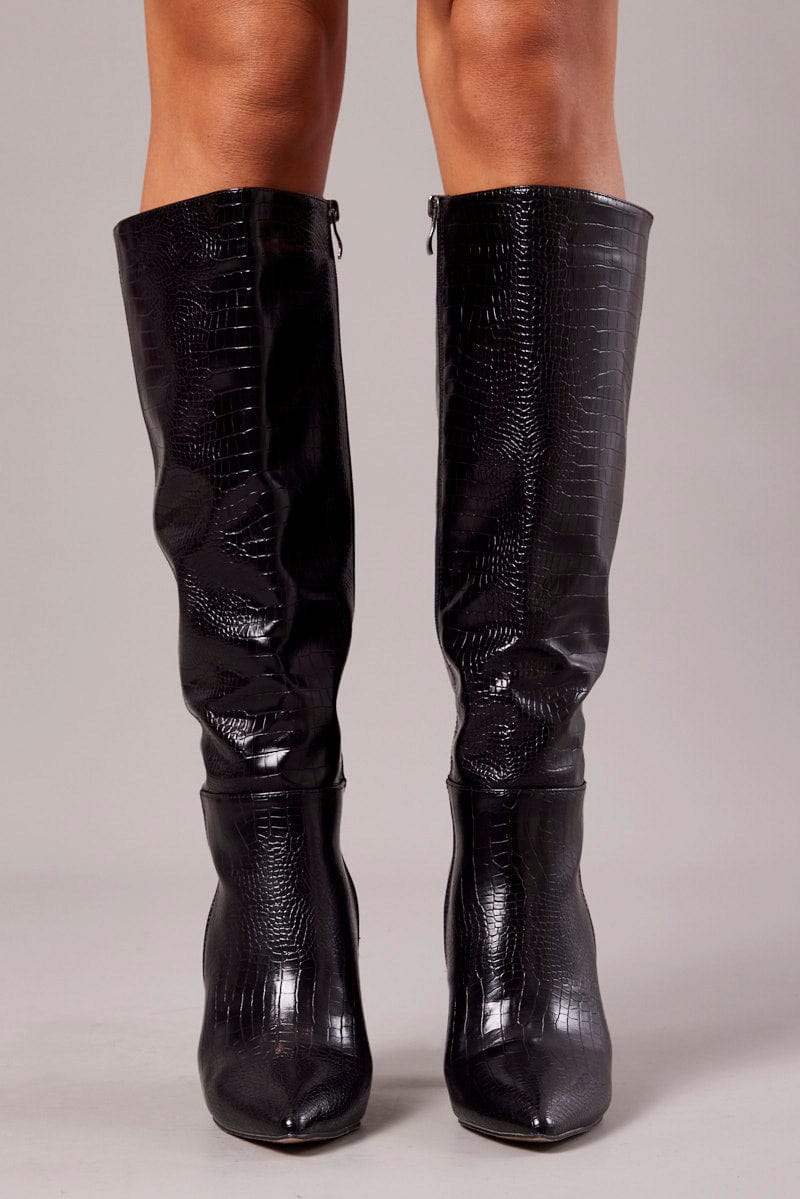 Black Heeled Knee High Boots in Croc for Ally Fashion