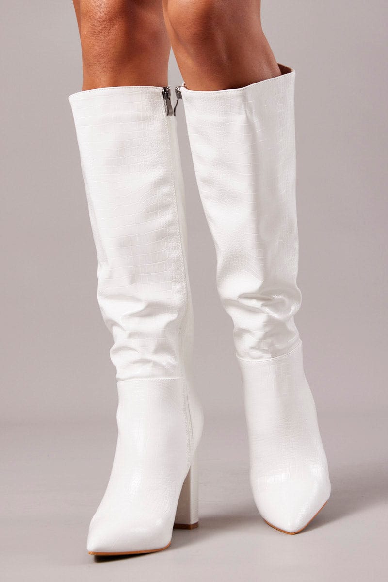 White Heeled Knee High Boots in Croc for Ally Fashion