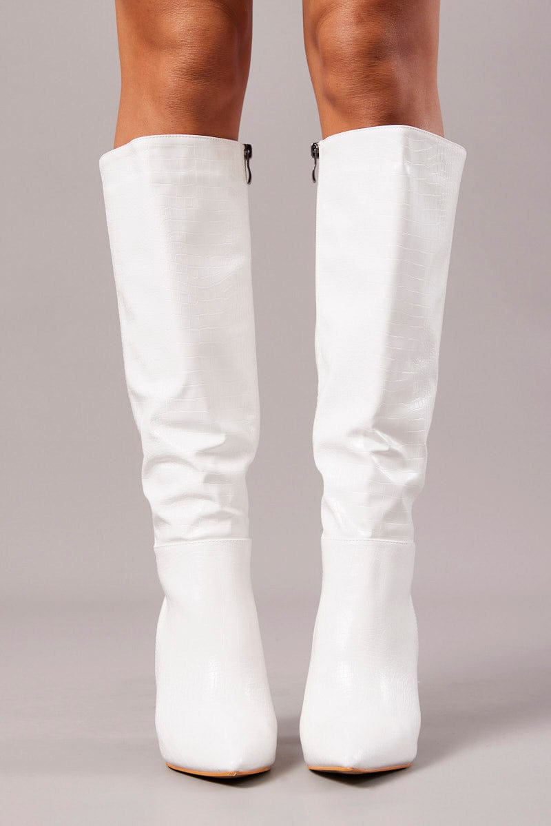 White Heeled Knee High Boots in Croc for Ally Fashion