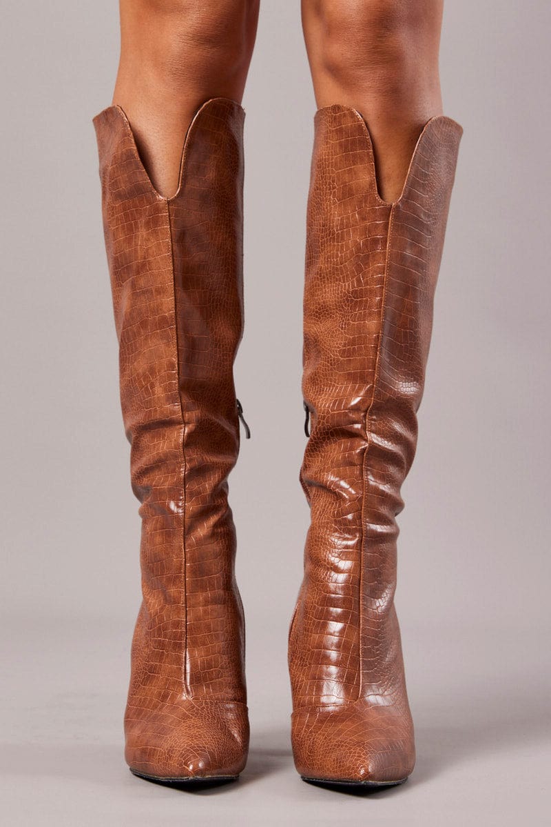 Brown Heeled Knee High Boots in Croc for Ally Fashion