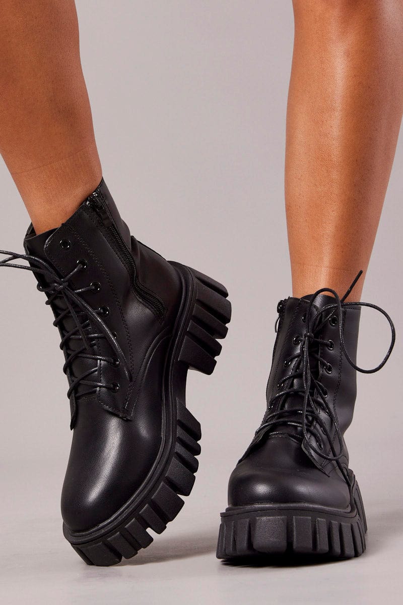 Black Lace Up Chunky Boots for Ally Fashion