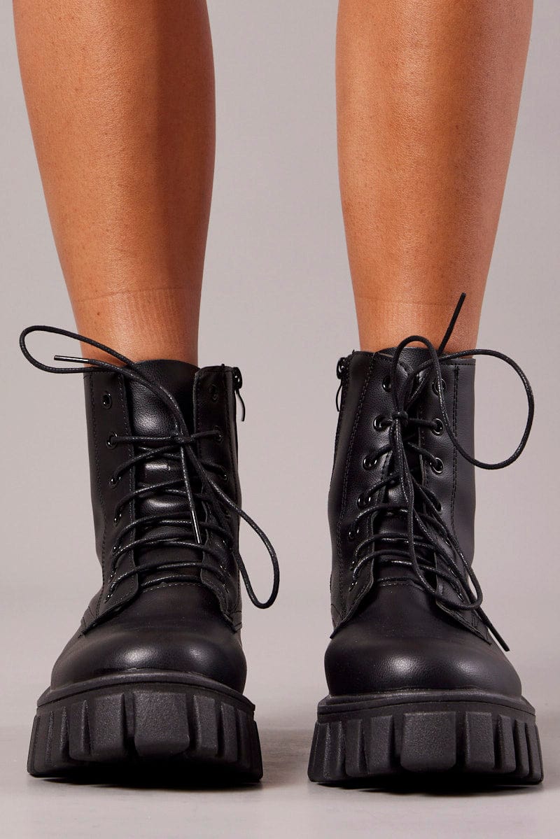 Black Lace Up Chunky Boots for Ally Fashion