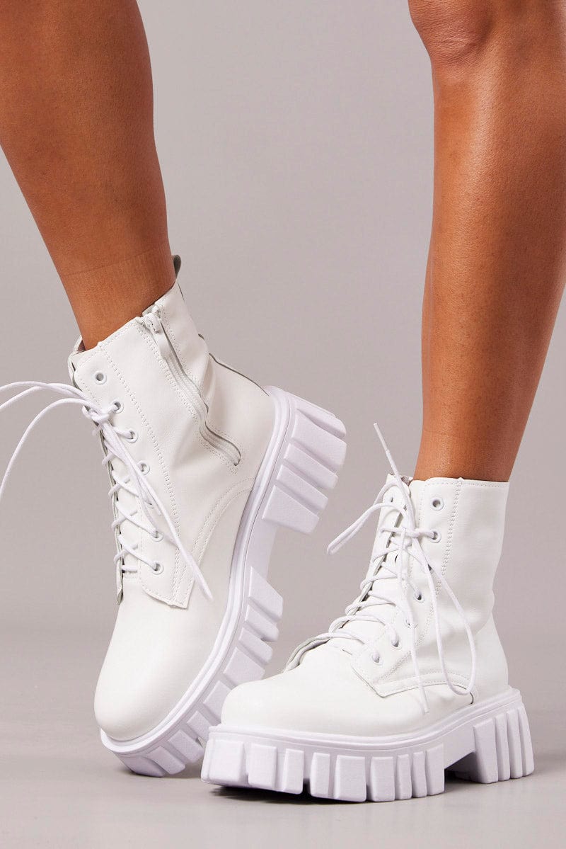 White Lace Up Chunky Boots for Ally Fashion