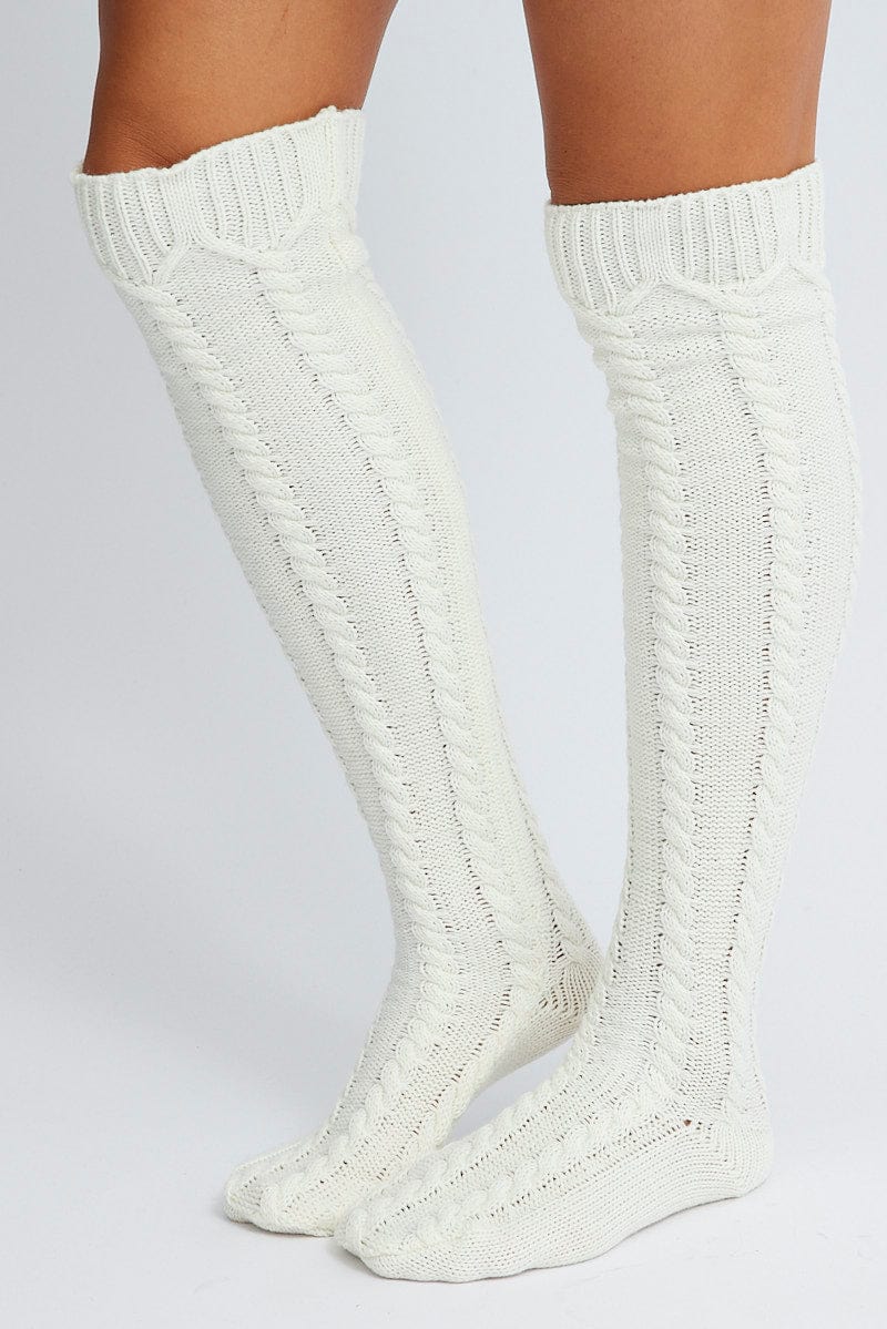 White Cable Knit Over Knee Socks for Ally Fashion