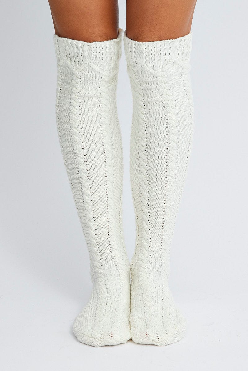 White Cable Knit Over Knee Socks for Ally Fashion