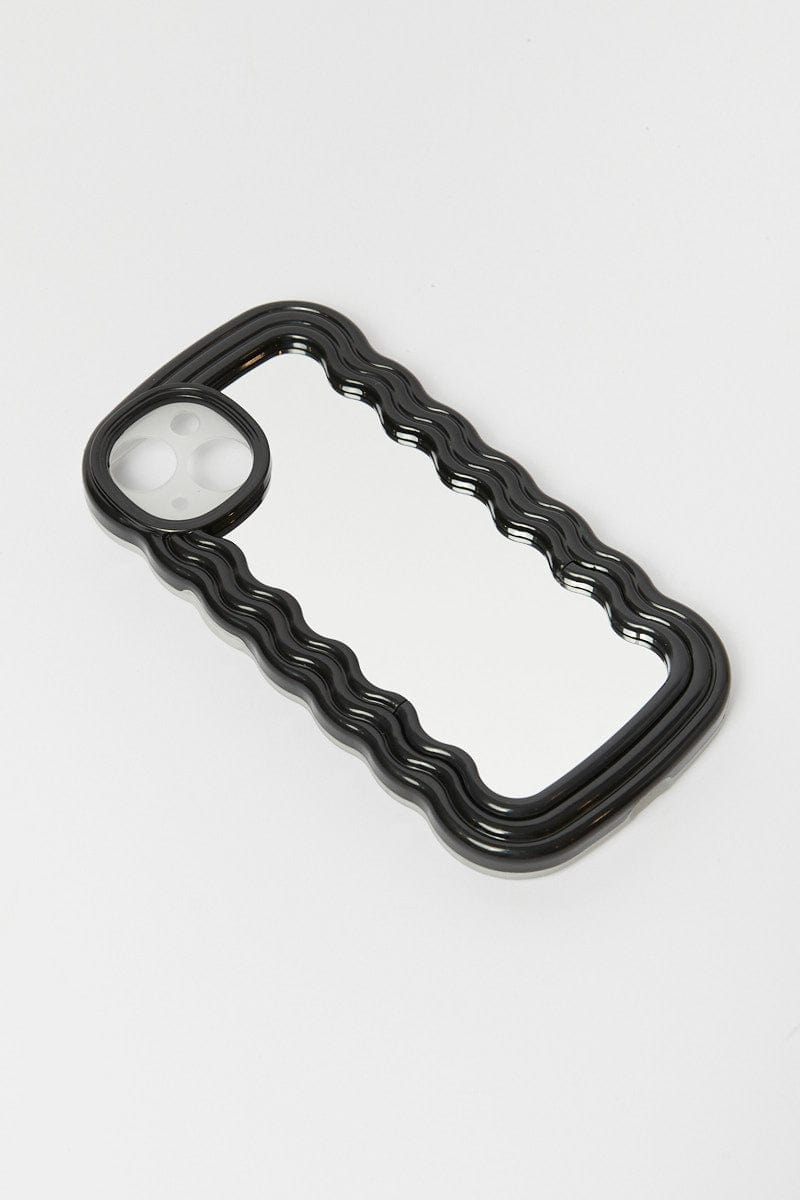 Black iPhone 14 Wavy Abstract Mirror Case with Holder for Ally Fashion