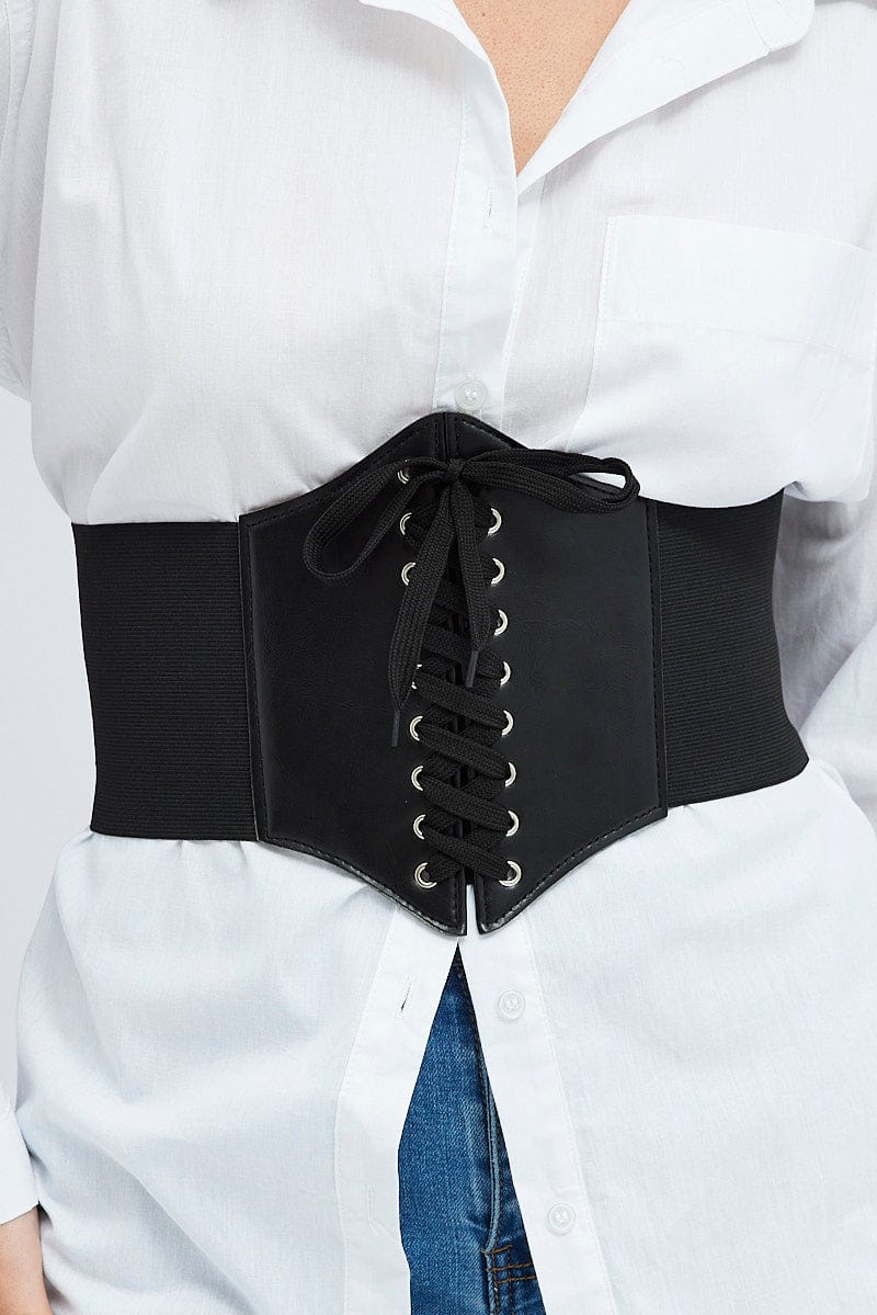 Black Lace Up Waist Cinch Corset Belt
