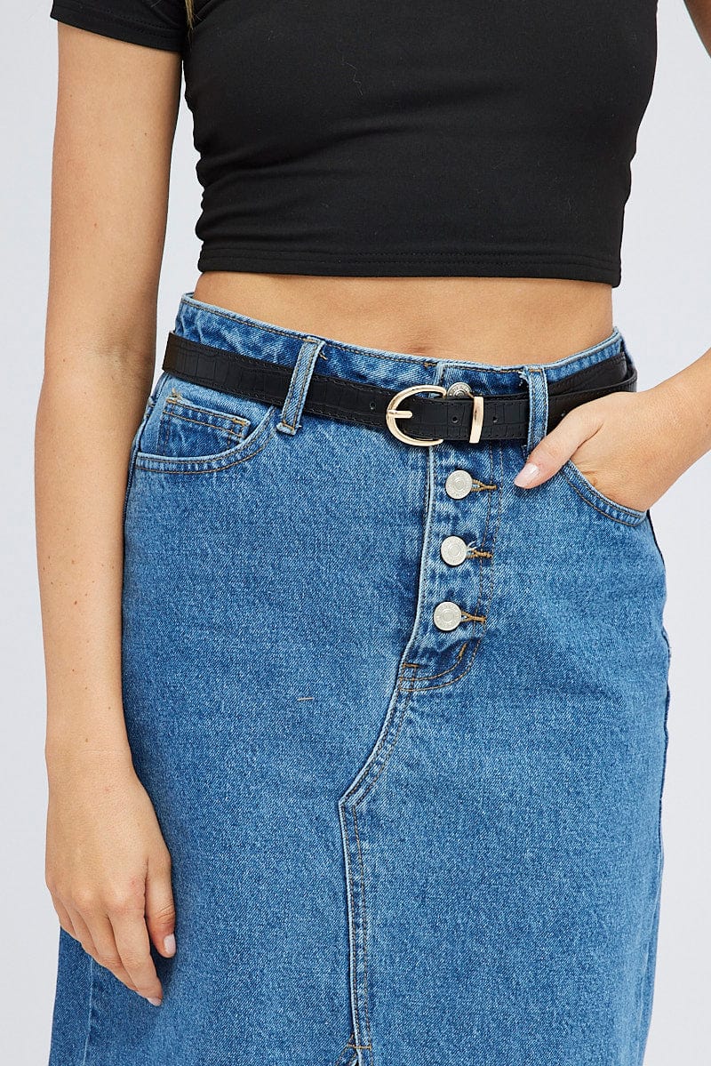 Black Buckle Belt in Croc for Ally Fashion