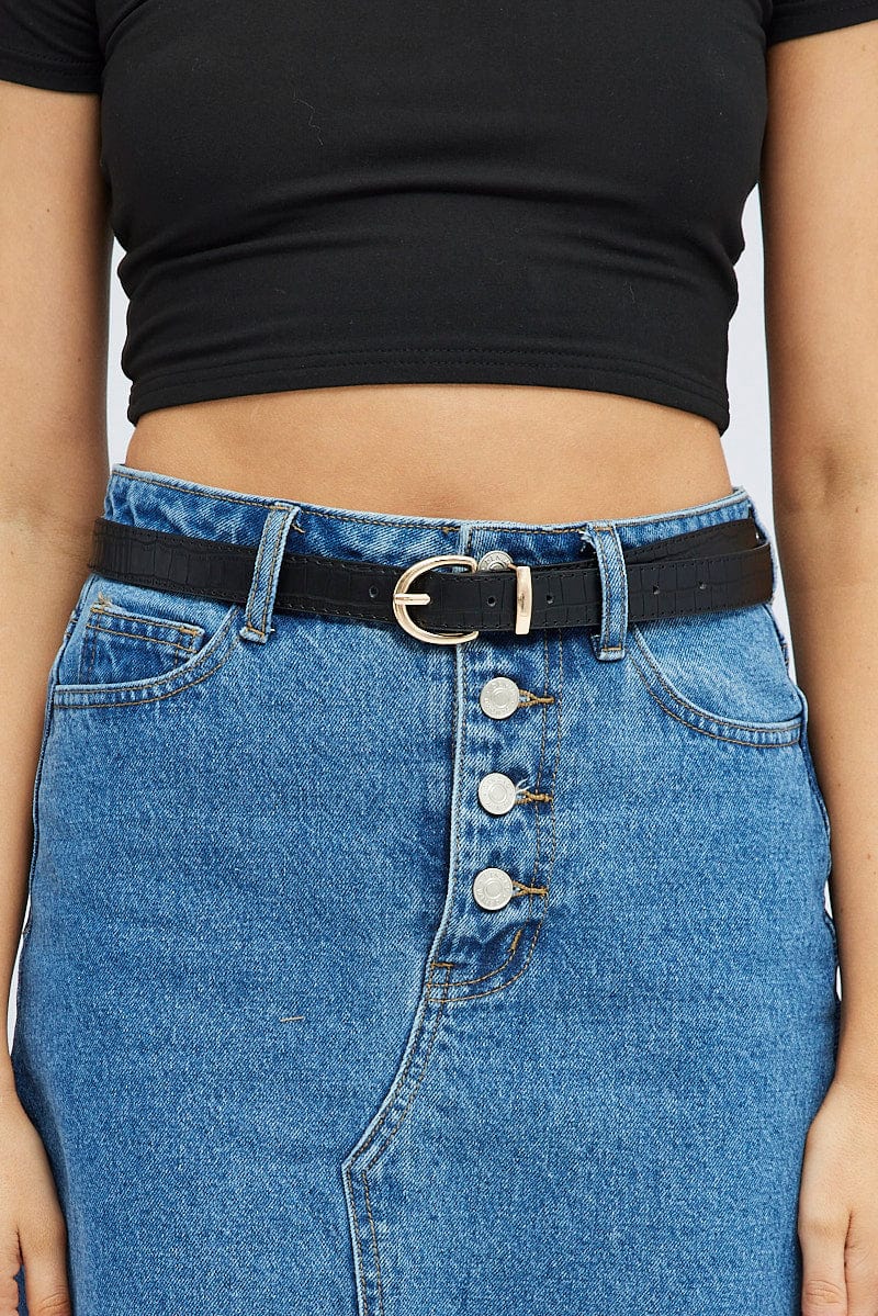 Black Buckle Belt in Croc for Ally Fashion
