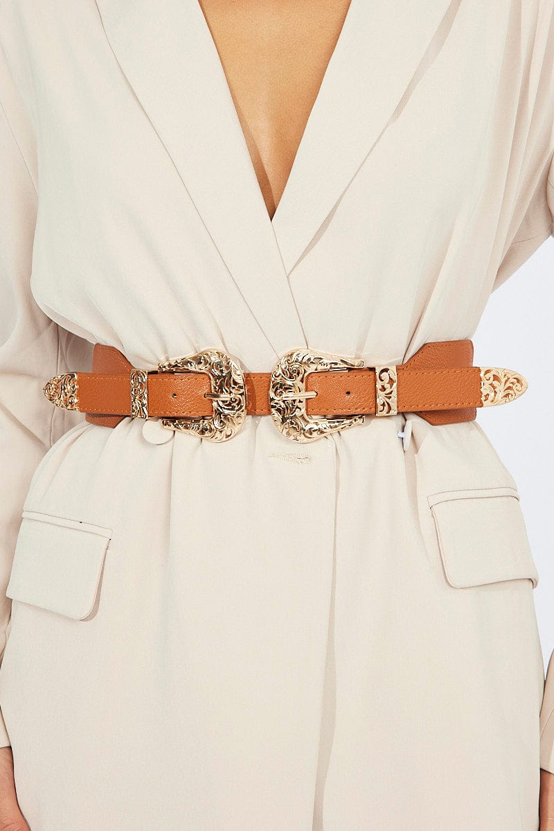 Beige Double Buckle Belts for Ally Fashion