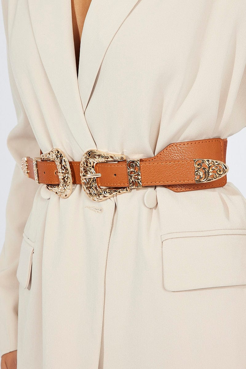 Beige Double Buckle Belts for Ally Fashion