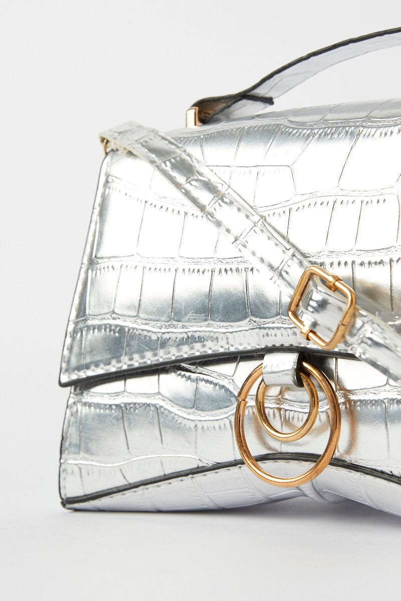 Silver Croc Top Handle Crossbody Bag | Ally Fashion