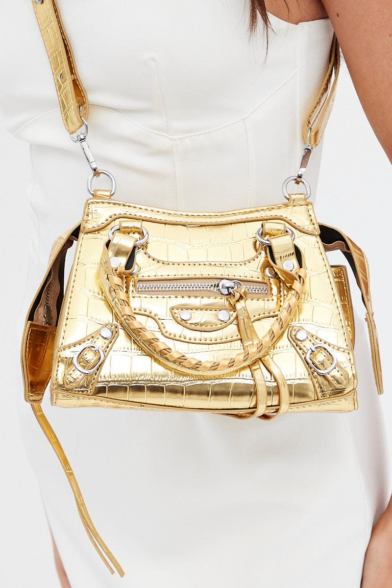 Gold Croc Top Handle Crossbody Bag for Ally Fashion