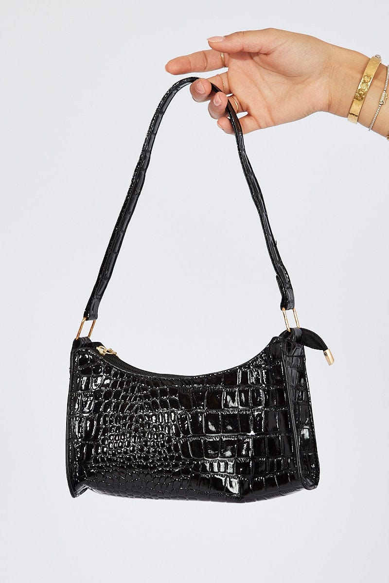 Black Croc Embossed Baguette Bag Shoulder Bag for Ally Fashion