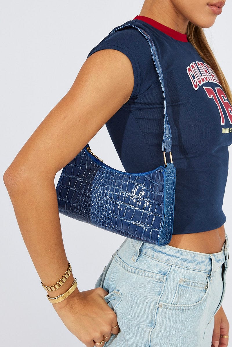Blue Croc Embossed Baguette Bag Shoulder Bag for Ally Fashion
