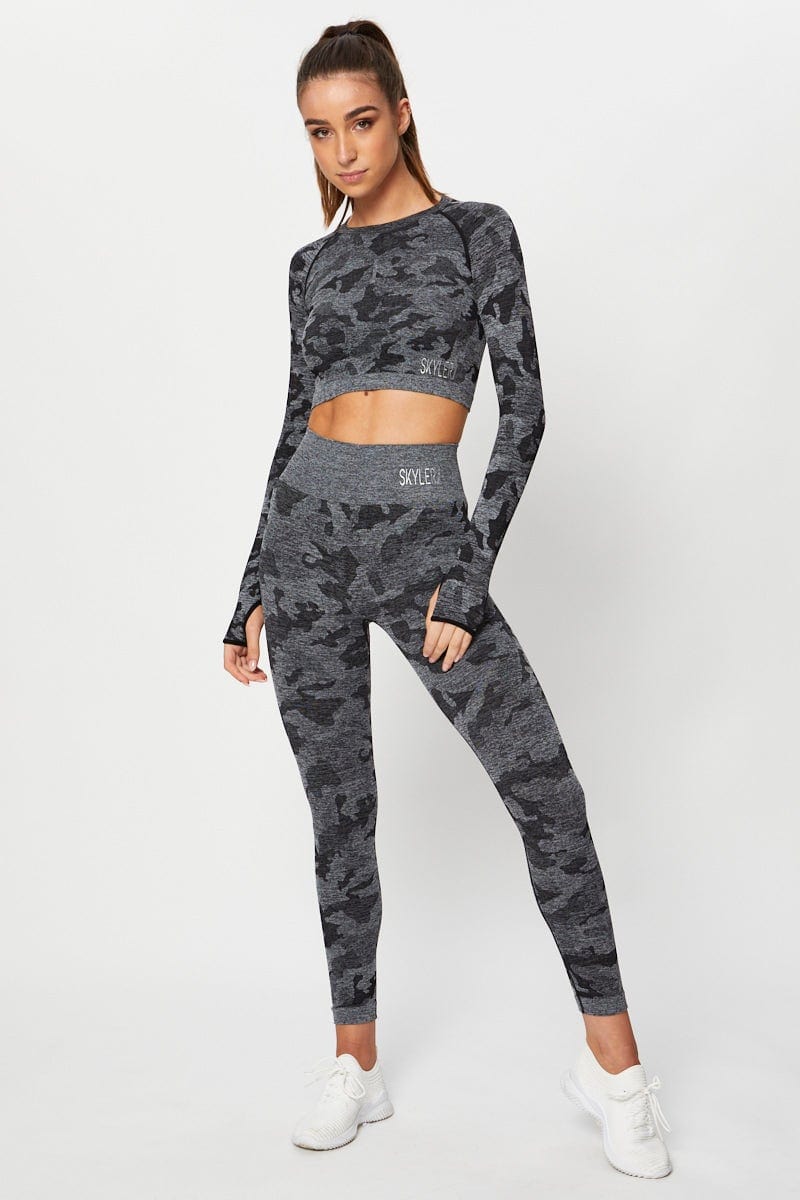 AW CROP TOP Grey Seamless Camo Activewear Long Sleeve Top for Women by Ally