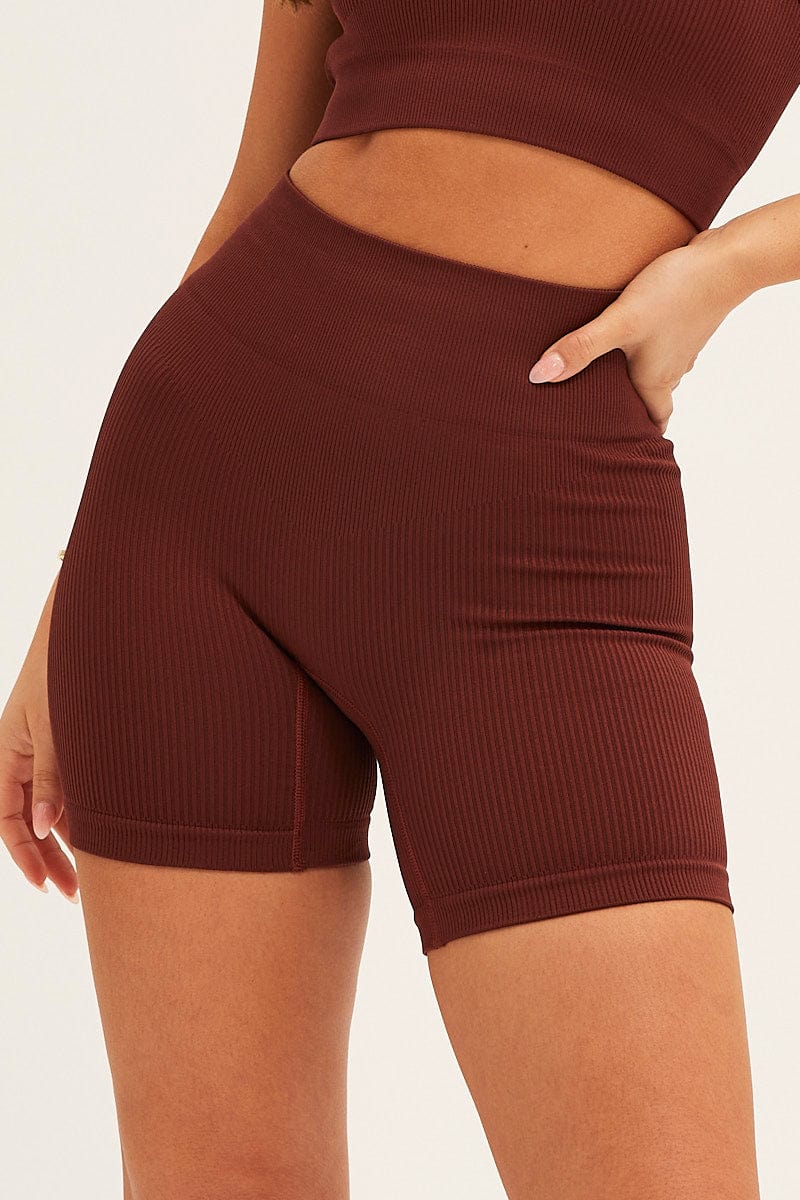 AW SHORTS Brown Biker Shorts Activewear High Rise Seamless for Women by Ally