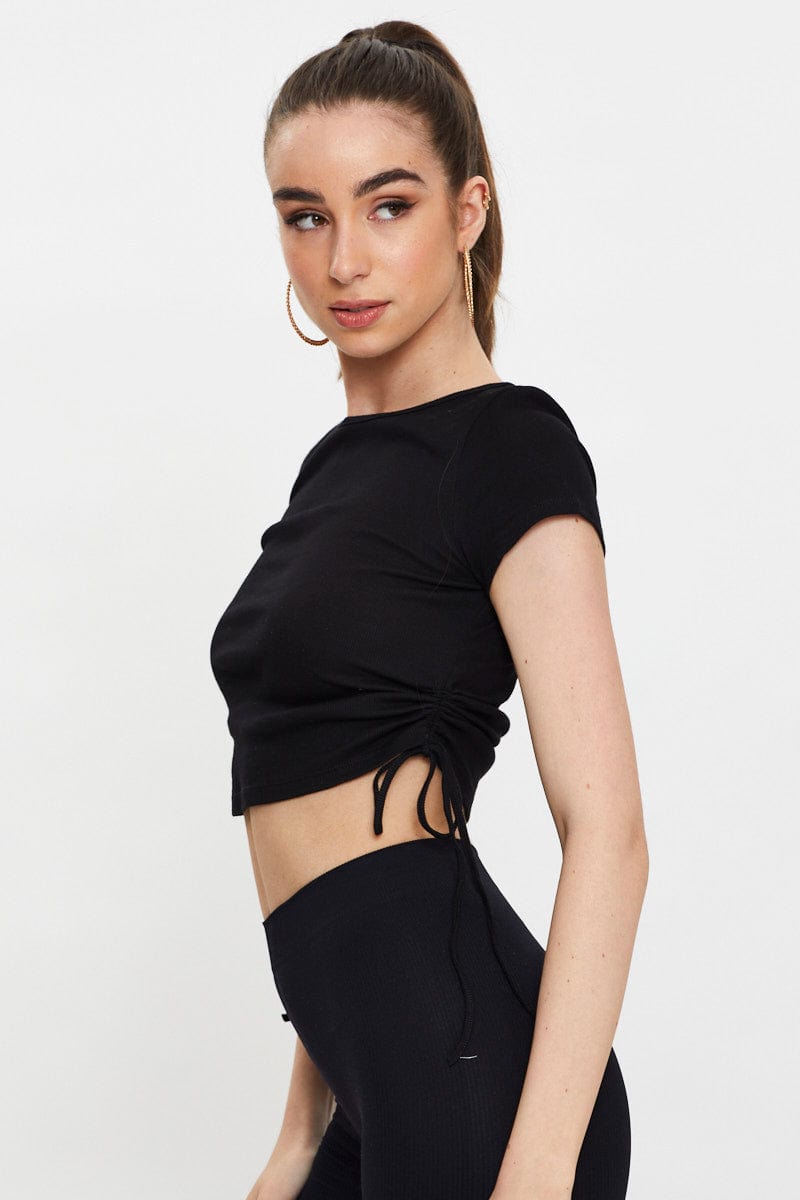 Mesh Top With Side Drawstrings Short Sleeve Top