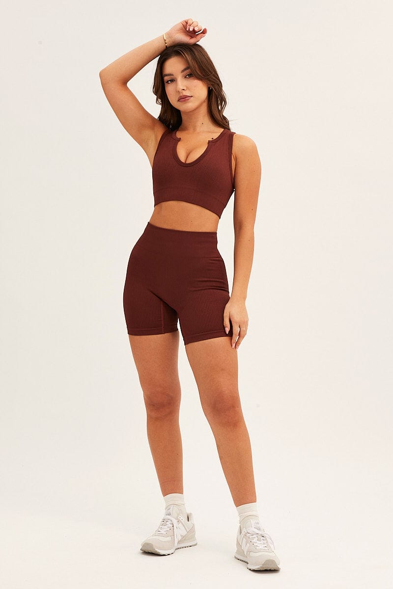 AW TOP Brown Seamless Activewear V Neck Singlet Top for Women by Ally