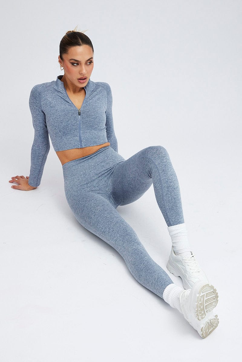 Blue Seamless Zip Up Top and Leggings Activewear Set for Ally Fashion