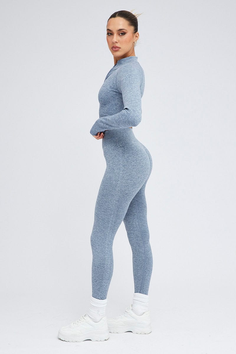 Blue Seamless Zip Up Top and Leggings Activewear Set for Ally Fashion