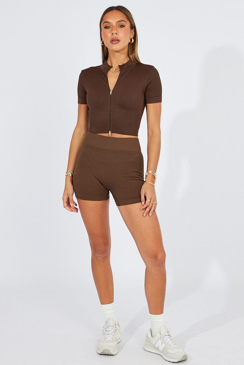 Brown Seamless Zip Top And Bike Shorts Activewear Set for Ally Fashion