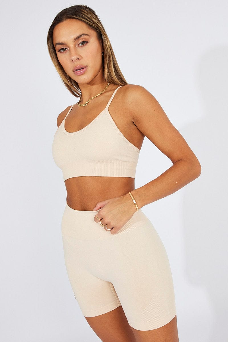 Beige Seamless Top And Shorts Activewear Set for Ally Fashion