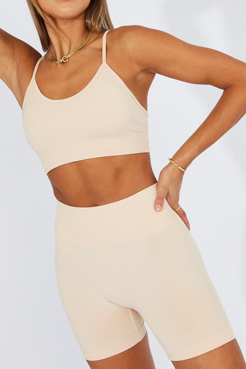 Beige Seamless Top And Shorts Activewear Set for Ally Fashion