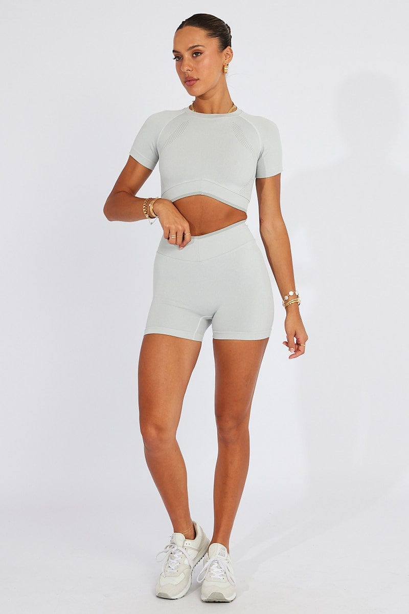 Grey Seamless Top And Bike Shorts Activewear Set for Ally Fashion