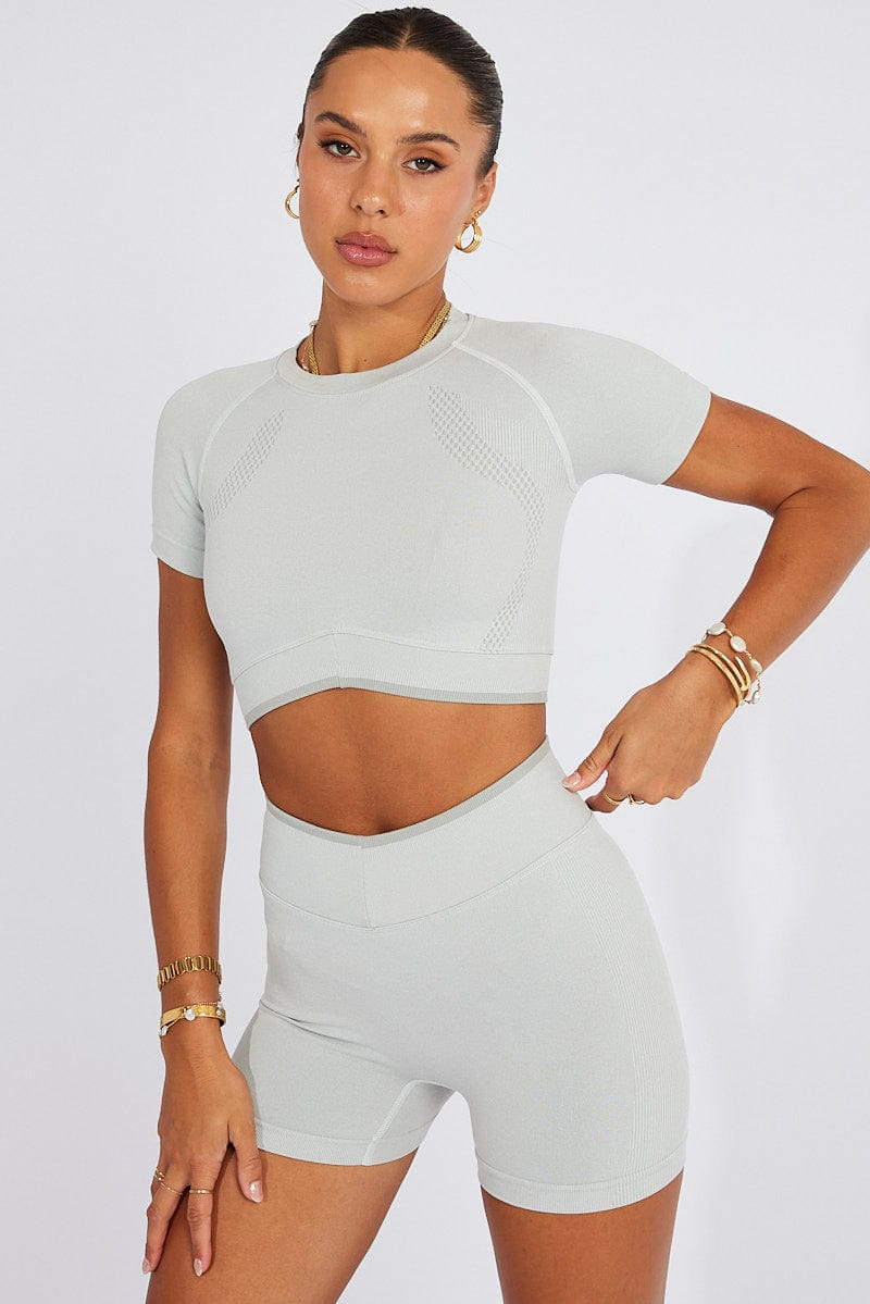 Grey Seamless Top And Bike Shorts Activewear Set for Ally Fashion