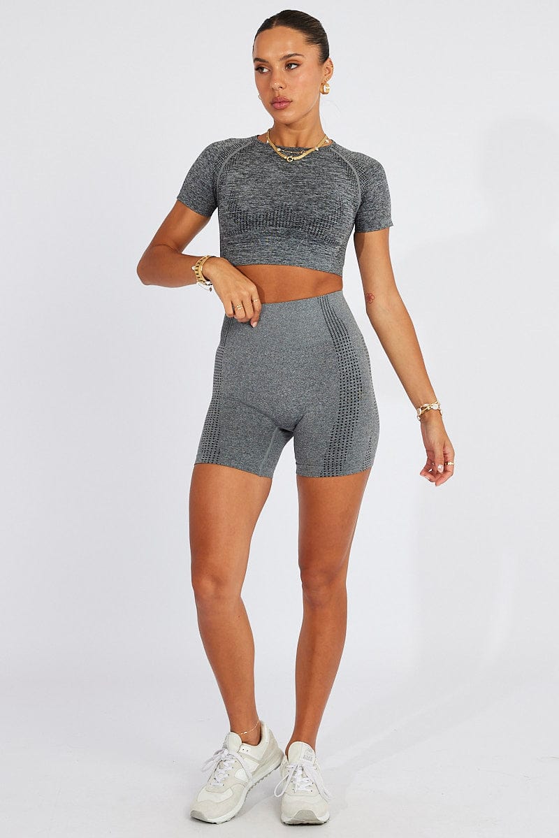 Grey Seamless Top And Shorts Activewear Set for Ally Fashion