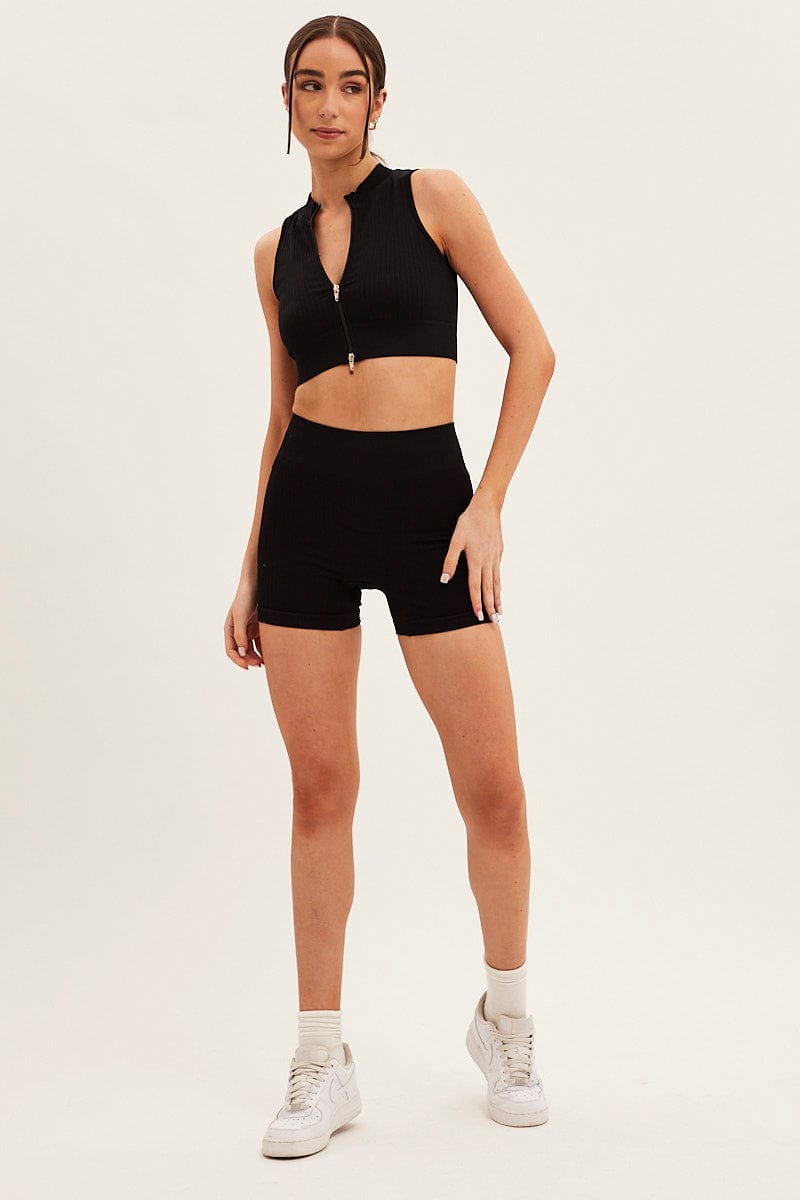 Black Seamless Zip Top And Bike Shorts Activewear Set for Ally Fashion