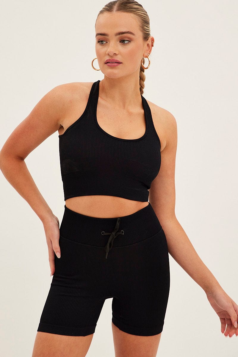 Black Seamless Halter Top And Bike Shorts Activewear Set for Ally Fashion