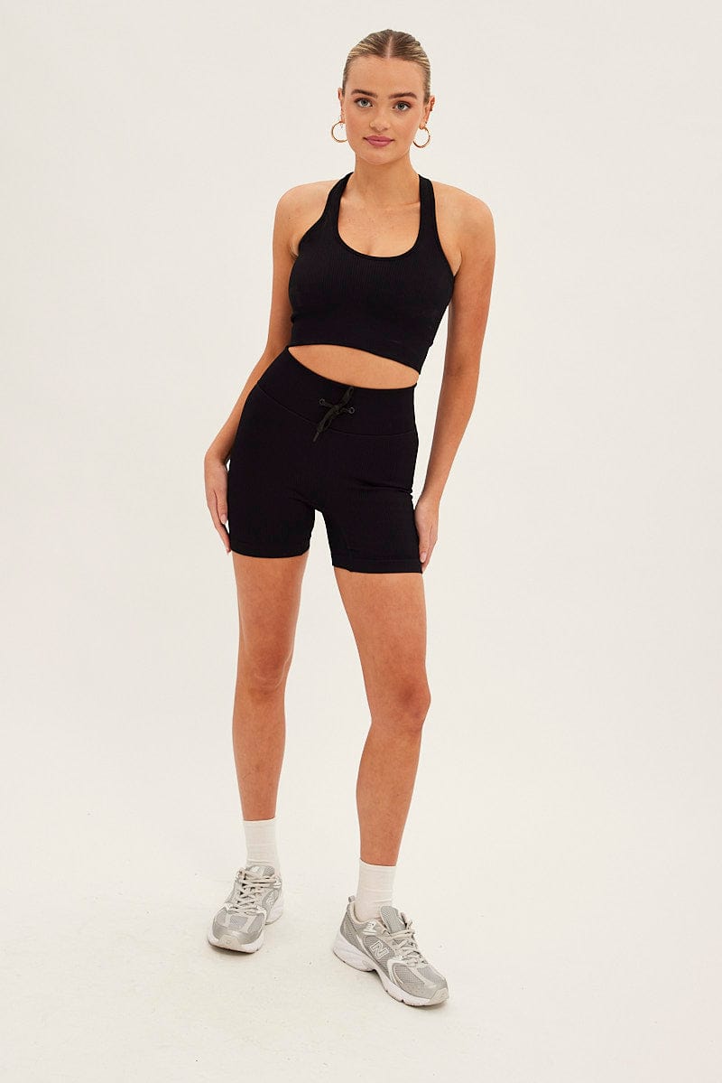 Black Seamless Halter Top And Bike Shorts Activewear Set