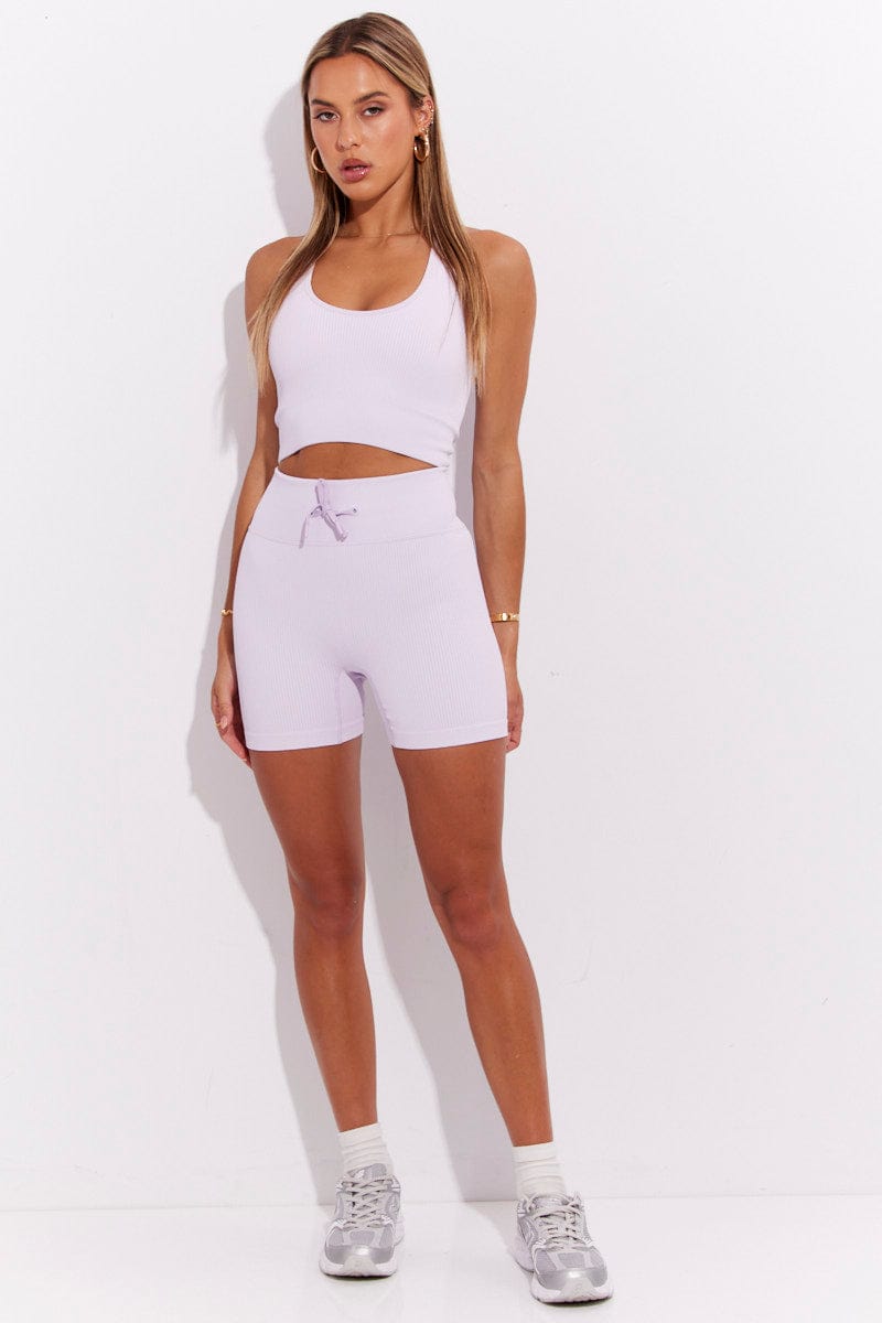 Purple Seamless Halter Top And Bike Shorts Activewear Set for Ally Fashion