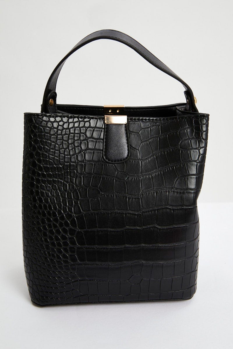 BAGS Black Croc Leather Handbag for Women by Ally