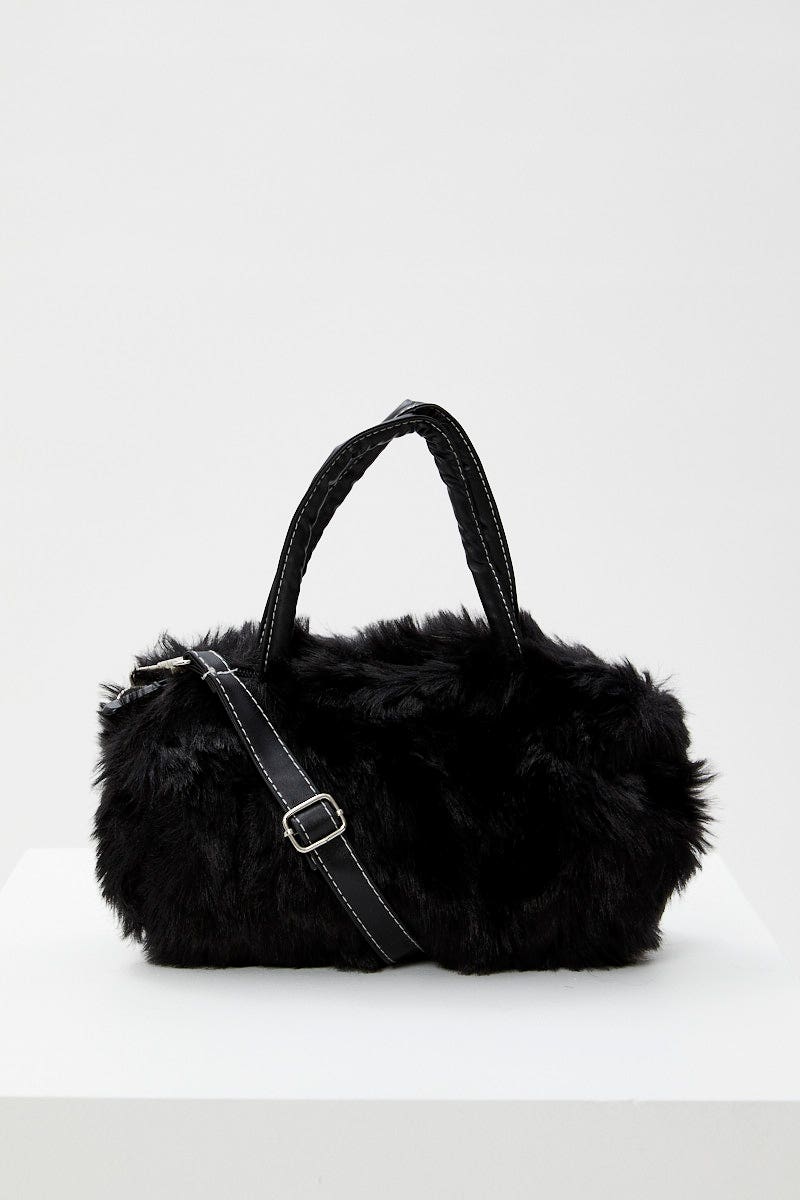 BAGS Black Faux Fur Hand Bag for Women by Ally