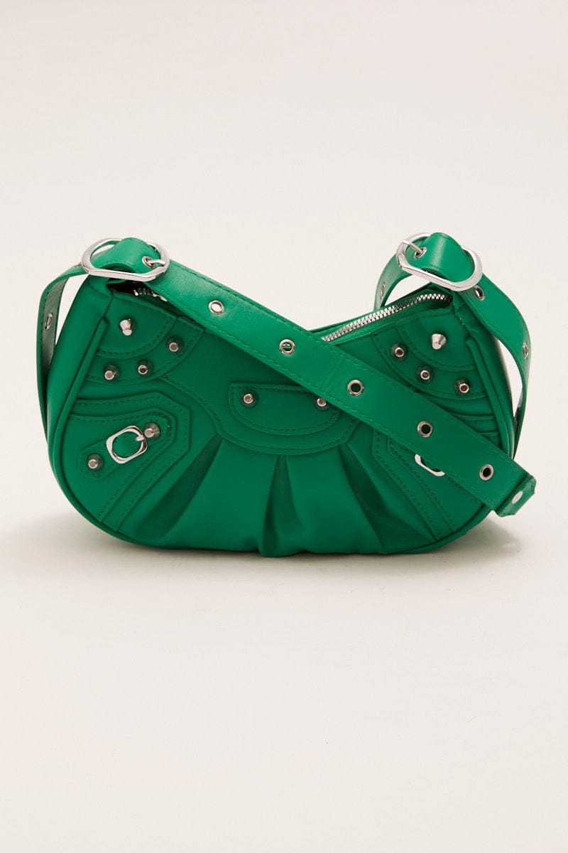 BAGS Green Pleated Crescent Shoulder Bag With Stud Decor for Women by Ally