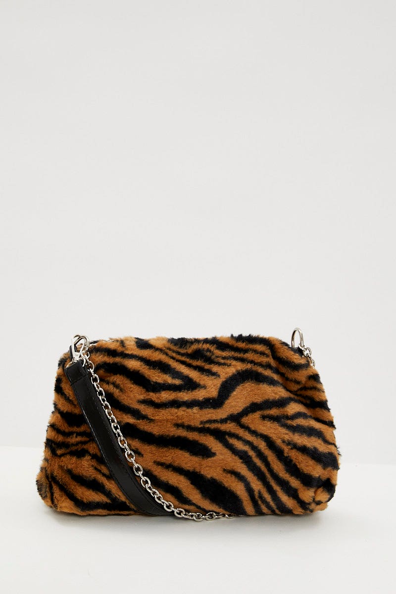 BAGS Print Faux Fur Tiger Print Shoulder Bag for Women by Ally