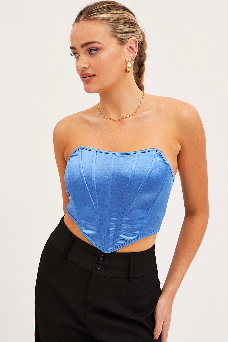 BANDEAU Blue Bandeau Sleeveless Strapless Stretch Satin for Women by Ally