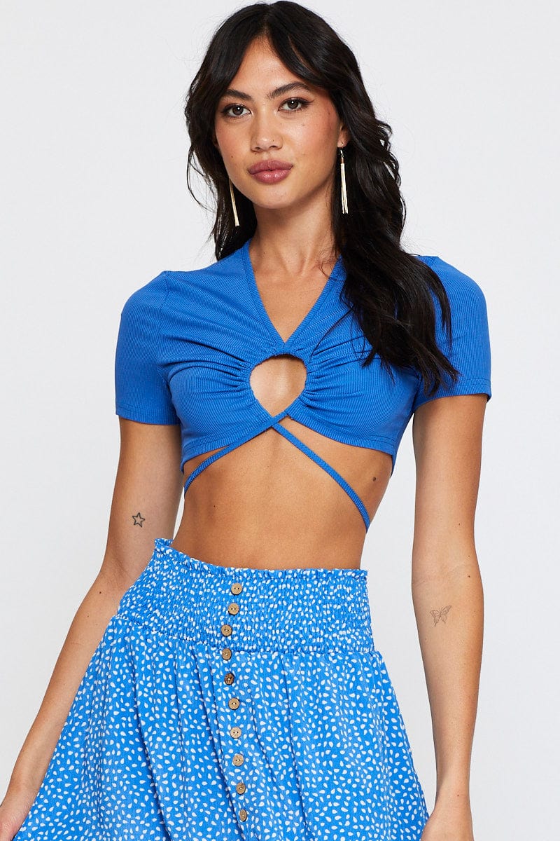 BANDEAU CROP Blue Crop Top Short Sleeve for Women by Ally