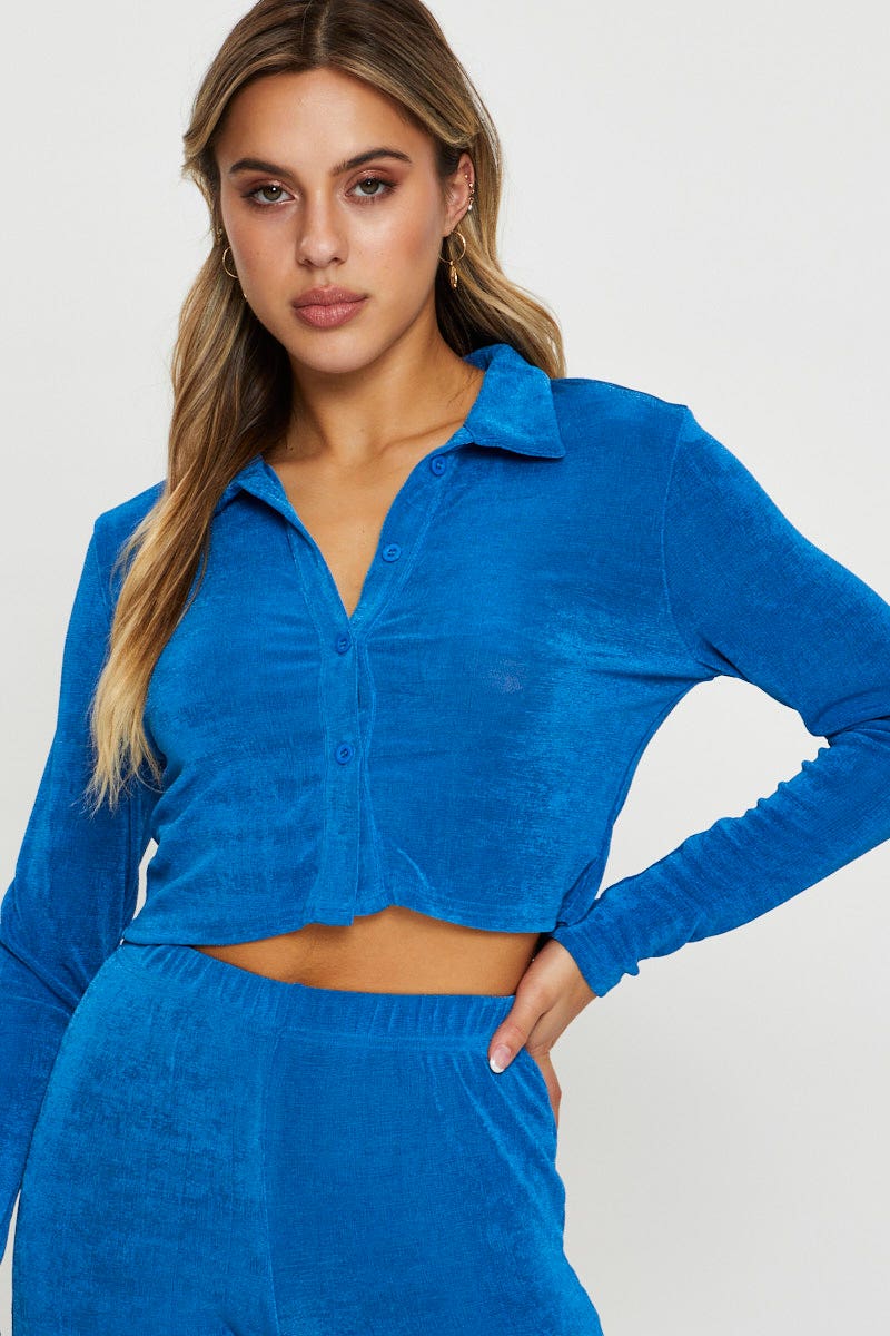 BANDEAU CROP Blue Slinky Top Long Sleeve Collared for Women by Ally