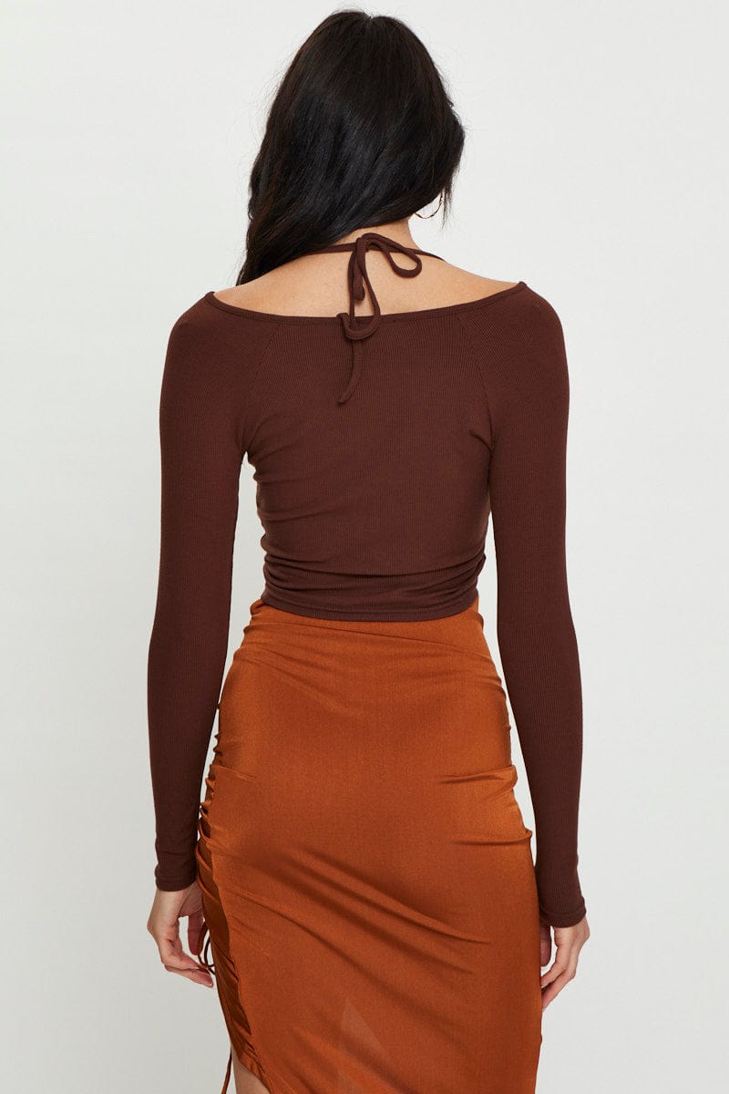 BANDEAU CROP Brown Halter Top Long Sleeve for Women by Ally