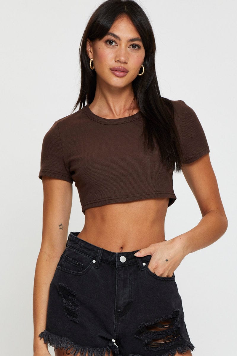 BANDEAU CROP Brown Rib Crop Top Short Sleeve for Women by Ally