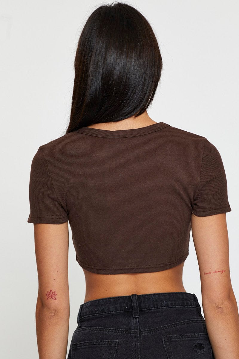 BANDEAU CROP Brown Rib Crop Top Short Sleeve for Women by Ally