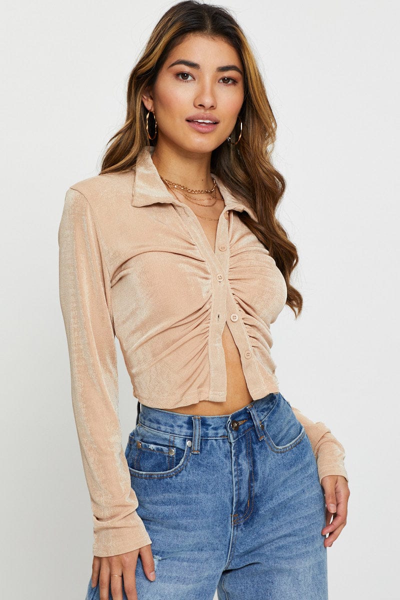 BANDEAU CROP Camel Jersey Top Long Sleeve for Women by Ally