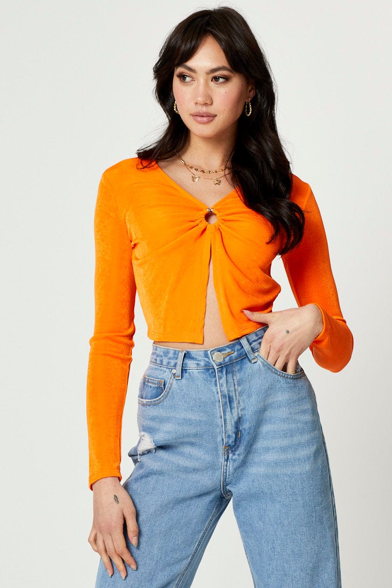 BANDEAU CROP Orange Slinky Jersey Long Sleeve Top for Women by Ally