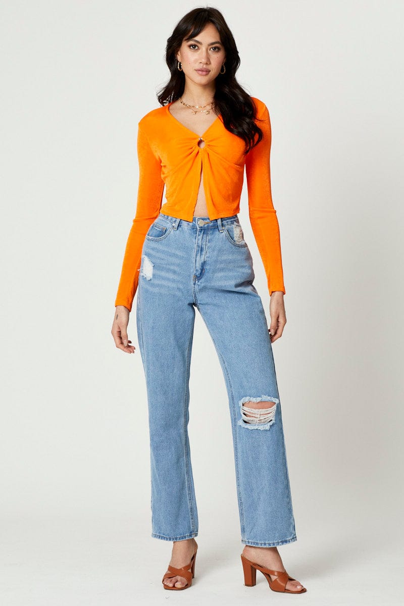 BANDEAU CROP Orange Slinky Jersey Long Sleeve Top for Women by Ally